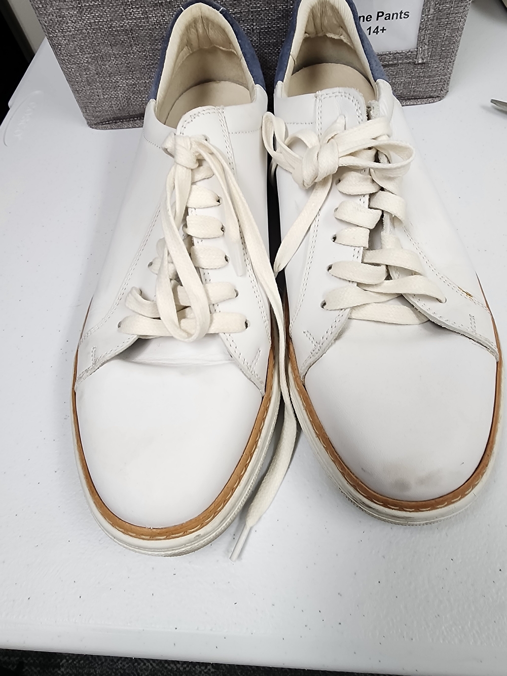Kenneth Cole New York White Leather Sneakers with Tan Trim and Blue Suede Heel